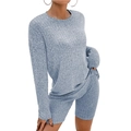 Women's two-piece ribbed knit lounge set with long sleeve top and cycling shorts in grey blue - S / Top And Bottom / Light Blue