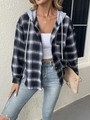 Women's black and white plaid flannel hoodie jacket with grey hood and chest pocket - Black