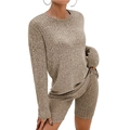 Women's two-piece casual knit set with long sleeve crewneck top and ribbed shorts - S / Top And Bottom / Camel