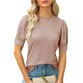 Chic Morandi pink summer blouse with hollow embroidery, puff sleeves and button detail - S / Bean Paste Red