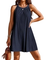 Detailed view of the dark blue crochet sleeveless halter dress with delicate hollow lace - S / Navy Blue