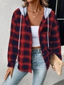 Women's casual long sleeve red and blue plaid hooded shirt with metallic buttons - S / Red