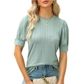Women's light green knit short sleeve top with hollow texture and buttoned puff sleeves - S / Green
