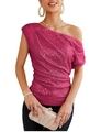 Rose pink sequin one-shoulder top with side ruching and shimmering metallic finish - Rose Red
