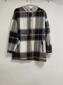 Women's plaid hooded coat with black, white, and orange patterns and grey drawstring hood - Black White Orange