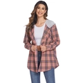 Women's pink and blue plaid hooded shirt jacket with a casual button-down front - S / Pink