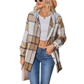 Women's hooded plaid shirt jacket in brown and blue check pattern with grey drawstring hood - Khaki