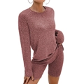 Ribbed knit two-piece set with long sleeve top and shorts in dusty rose pink color - Red