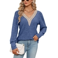 Damen V-Ausschnitt Langarmshirt in Graublau mit feiner apricotfarbener Spitzenbordüre - S / Graublau