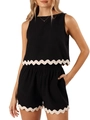 Women's black 2-piece set with sleeveless scalloped crop top and matching high-waist shorts - S / Top And Bottom / Black