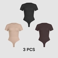 3-pack of short sleeve slimming bodysuits in black, beige, and dark brown colors - S / Black Nude And Brown