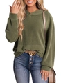 Detail of ribbed texture olive green hoodie with kangaroo pocket and drop shoulders - S / Army Green