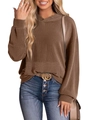 Detailed shot of dark brown ribbed knit hoodie with drop shoulders and a front pocket - Coffee