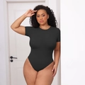 Slim fit black short sleeve bodysuit for women with a round neck and stretchy fabric - S / Black