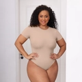 Short sleeve crew neck bodysuit in apricot high elasticity fabric for slimming shapewear - S / Nude
