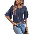 Navy blue V-neck t-shirt with layered ruffle sleeves and casual loose fit for women - S / Navy Blue