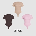 Three-piece set of short sleeve bodysuits in beige, brown, and pink with snap closure - S / Nude, Pink And Brown
