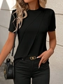 Detail of black crew neck T-shirt featuring asymmetric pleated drape and stylish gold chain belt - Black