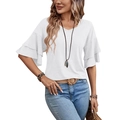 Women's white V-neck T-shirt with double-layer ruffle sleeves and breathable texture - S / White