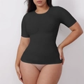 Women's black short sleeve slimming bodysuit with a round neck and compression fit - S / Round Neck Short Sleeve (30131) / Black