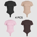4-pack women's short sleeve crewneck bodysuit set in black, nude, pink and brown - S / Black, Nude, Pink And Brown