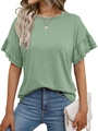 Détail du t-shirt vert sauge élégant avec manches à volants superposés et tissu doux et fluide - S / Vert Haricot