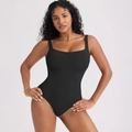 Women's black ribbed bodysuit with wide shoulder straps and square neckline slim fit design - S / Cami Square Neck Bodysuit (33484) / Black