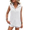 Camisa blanca sin mangas para mujer con textura plisada vertical y cuello de solapa - S / Blanco