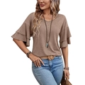 Women's V-neck coffee brown casual T-shirt featuring stylish double-layer ruffle sleeves - S / Camel