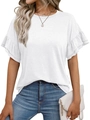 Détail du t-shirt blanc à col rond avec ses élégantes manches à volants double épaisseur - S / Blanc