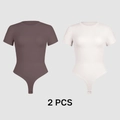 Set of 2 short sleeve bodysuits in white and coffee brown with ribbed stretch fabric - S / Brown And Milk White