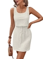 Detail of white sleeveless lace dress featuring intricate floral crochet and drawstring waist - White