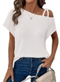 Dettaglio top bianco in maglia a nido d'ape con spalla scoperta asimmetrica elegante - S / Bianco