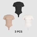 Set of 3 women's short sleeve bodysuits in black, nude, and white with snap closure - S / Black, Nude And Milk White