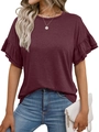 Détail d'un t-shirt rouge vin élégant avec des manches à volants double couche et col rond - S / Rouge Foncé
