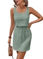 Detailed close-up of sage green sleeveless lace dress with drawstring waist and floral patterns - S / Bean Green