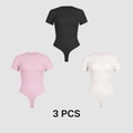 3-pack short sleeve slimming bodysuits in black, pink, and white elastic knit fabric - S / Black, Pink And Milk White