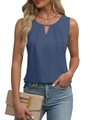 Close-up of blue sleeveless top with pleated neckline detail and textured fabric - S / Blue