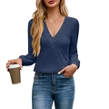 Women's deep blue V-neck long sleeve knit top with ribbed details and puffy cuffs - Navy Blue