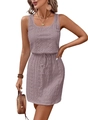 Detailed view of hollow crochet lace fabric and drawstring waist on sleeveless mauve dress - S / Bottoms / Bean Green