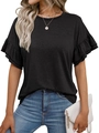 Détail des manches à double volant sur un t-shirt noir classique à col rond pour femme - S / Noir