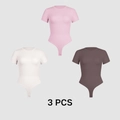 3-pack set of short sleeve bodysuits in pink, beige, and dark coffee with snap closure - S / Pink, Milk White And Brown