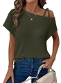 Detail of dark green waffle knit top with asymmetric cold shoulder and double straps - Army Green