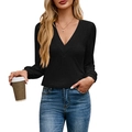 Schwarzes Damen Langarmshirt mit mehrlagigem V-Ausschnitt und gerafften Bündchen - S / Schwarz
