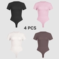Set of four short sleeve bodysuits in black, pink, white, and brown fitted cotton - S / Nude, Pink, Milk White And Brown