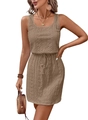 Detail of hollow lace texture and drawstring waist on a beige sleeveless mini dress - Khaki
