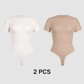 2-pack women's short sleeve slimming jumpsuits in white and beige with snap closure - S / Nude And Milk White
