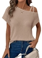 Close-up of beige waffle knit short sleeve top featuring unique cold shoulder strap detail - Khaki