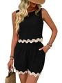 Black two-piece summer set featuring sleeveless top and shorts with white scalloped trim - Black