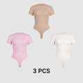 3 PCS pack of short sleeve bodysuits for women in beige, pink and white colors - S / Nude, Pink And Milk White